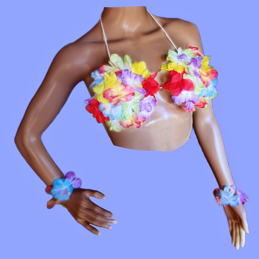 3 Piece Hawaiian Flower Bikini Top and 2 Wrist Bracelets